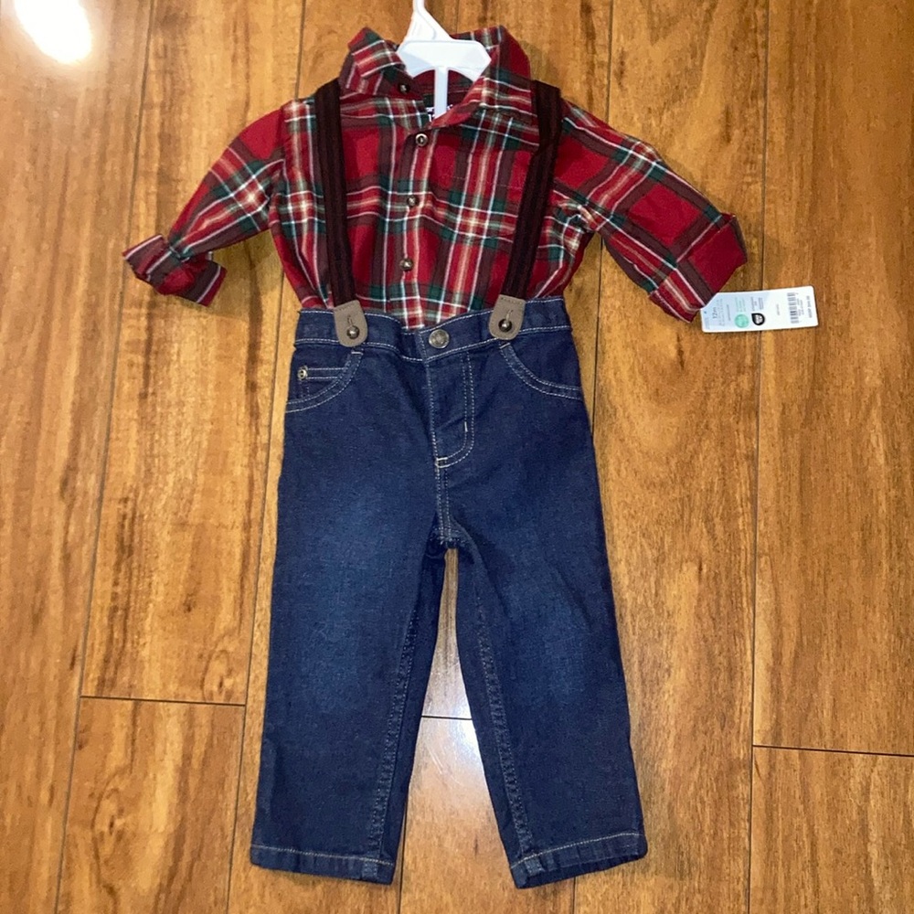 Carter’s red plaid outfit with overall straps